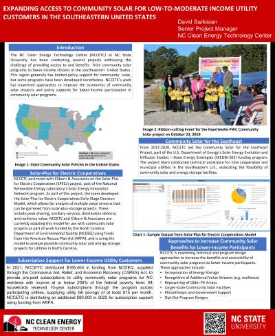 <b style='color:#EAD300;'>F05 - Expanding Access to Community Solar for Low to Moderate-income Utility Customers in the Southeast</b><div style='margin-top:5px;'><div style='margin-top:5px;'>Invited Poster Presenter: David Sarkisian – North Carolina Clean Energy Technology Center</div><div style='margin-top:5px;'>Poster Presenter: Vincent M. Potter – North Carolina Clean Energy Technology Center</div></div>