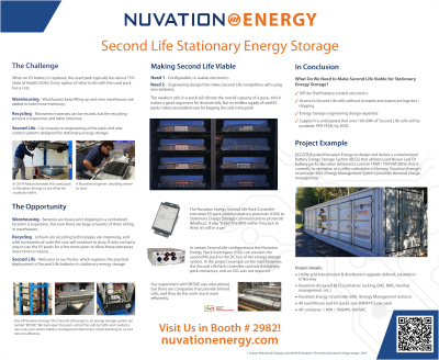 <b style='color:#EAD300;'>B01 - Second Life Stationary Energy Storage</b><div style='margin-top:5px;'><div style='margin-top:5px;'>Invited Poster Presenter: Joseph Xavier – Nuvation Energy</div></div>