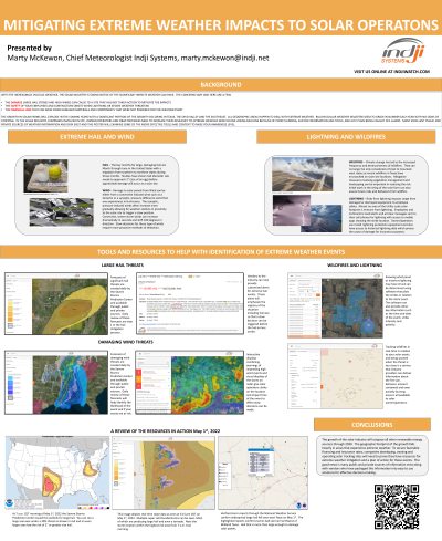 <b style='color:#EAD300;'>C35 - Mitigating Extreme Weather Impacts to Solar Operations</b><div style='margin-top:5px;'><div style='margin-top:5px;'>Invited Poster Presenter: Marty McKewon – Indji Systems</div></div>