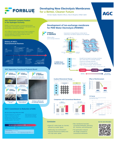 <b style='color:#EAD300;'>B25 - FORBLUE: Developing New Electrolysis Membranes for a Better, Cleaner Future</b><div style='margin-top:5px;'><div style='margin-top:5px;'>Poster Presenter: William Salem – AGC Chemicals Americas</div></div>
