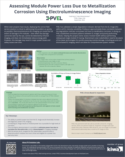 <b style='color:#EAD300;'>C17 - Assessing Module Power Loss Due to Metallization Corrosion Using Electroluminescence Imaging</b><div style='margin-top:5px;'><div style='margin-top:5px;'>Poster Presenter: Todd Karin – PVEL LLC</div></div>